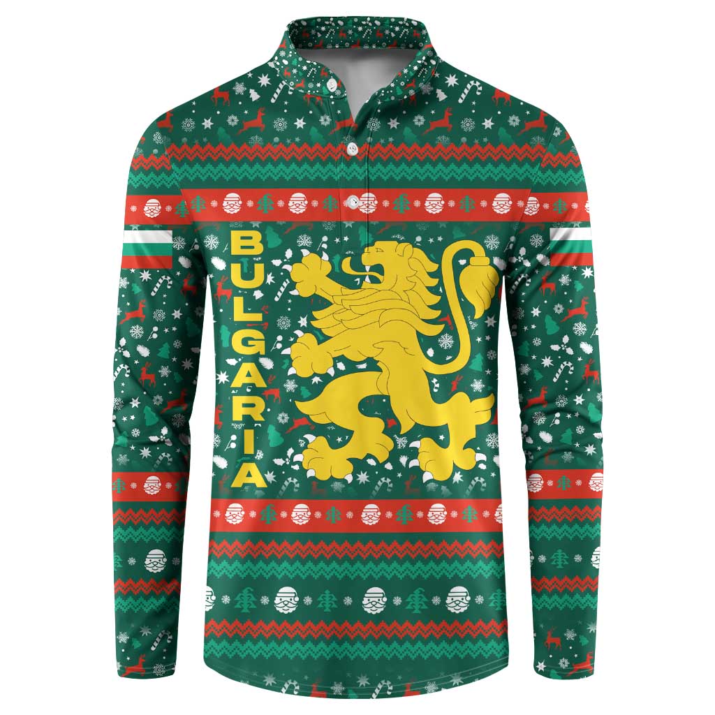 Bulgaria Christmas Button Sweatshirt with Green-Red Theme, Golden Lion, and Santa Sleigh Motif - Wonder Print Shop