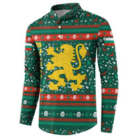 Bulgaria Christmas Button Sweatshirt with Green-Red Theme, Golden Lion, and Santa Sleigh Motif - Wonder Print Shop