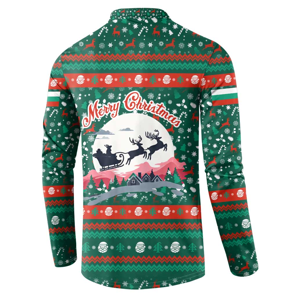 Bulgaria Christmas Button Sweatshirt with Green-Red Theme, Golden Lion, and Santa Sleigh Motif - Wonder Print Shop