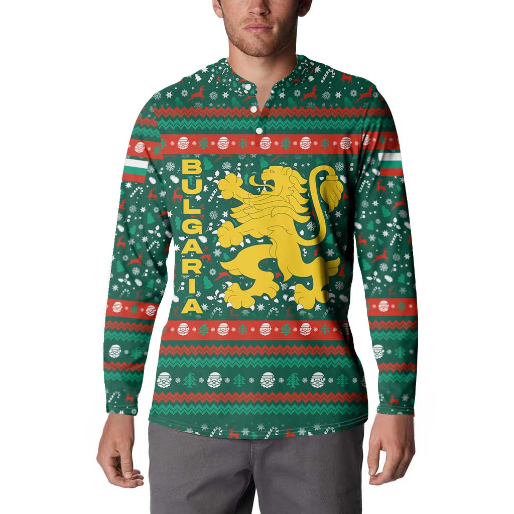 Bulgaria Christmas Button Sweatshirt with Green-Red Theme, Golden Lion, and Santa Sleigh Motif - Wonder Print Shop
