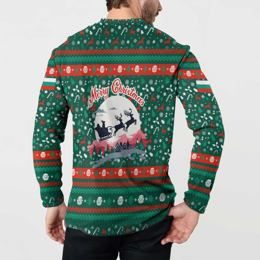 Bulgaria Christmas Button Sweatshirt with Green-Red Theme, Golden Lion, and Santa Sleigh Motif - Wonder Print Shop