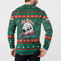Bulgaria Christmas Button Sweatshirt with Green-Red Theme, Golden Lion, and Santa Sleigh Motif - Wonder Print Shop