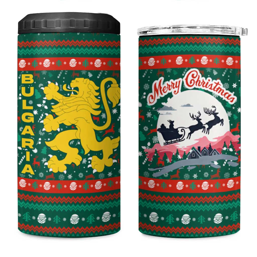 Bulgaria Christmas 4 in 1 Can Cooler Tumbler with Green-Red Theme, Golden Lion, and Santa Sleigh Motif - Wonder Print Shop