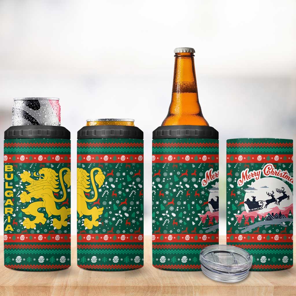 Bulgaria Christmas 4 in 1 Can Cooler Tumbler with Green-Red Theme, Golden Lion, and Santa Sleigh Motif - Wonder Print Shop