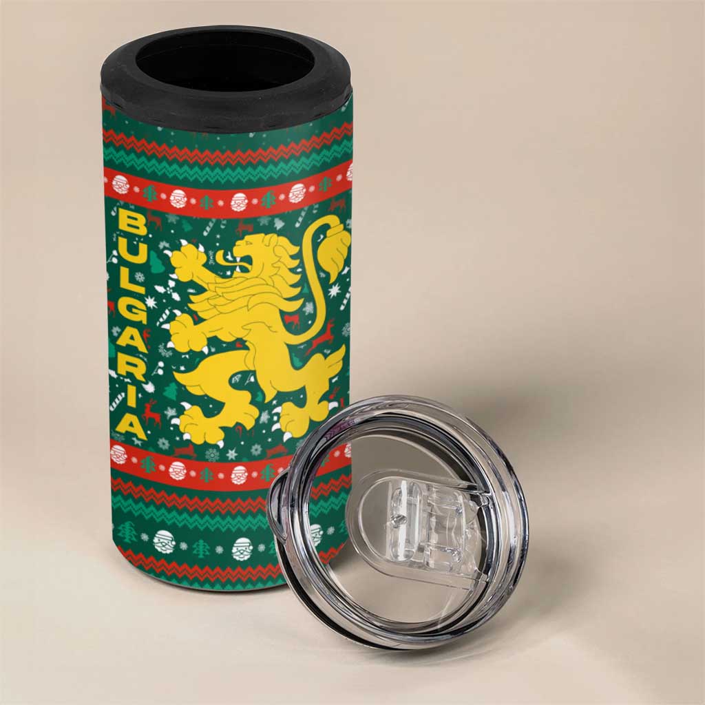 Bulgaria Christmas 4 in 1 Can Cooler Tumbler with Green-Red Theme, Golden Lion, and Santa Sleigh Motif - Wonder Print Shop