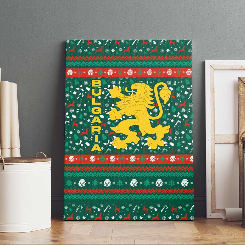 Bulgaria Christmas Canvas Wall Art with Green-Red Theme, Golden Lion, and Santa Sleigh Motif - Wonder Print Shop
