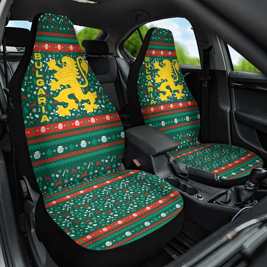 Bulgaria Christmas Car Seat Cover with Green-Red Theme, Golden Lion, and Santa Sleigh Motif - Wonder Print Shop
