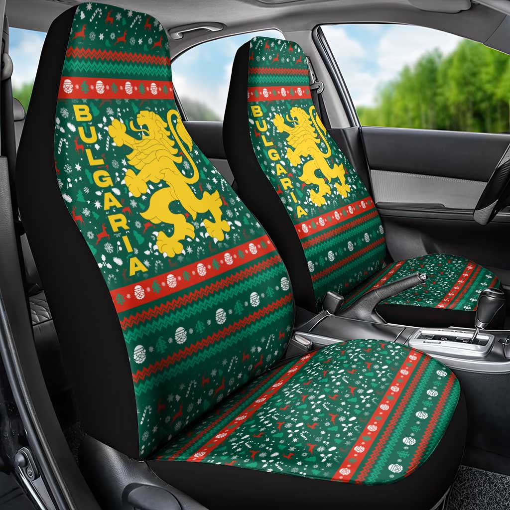 Bulgaria Christmas Car Seat Cover with Green-Red Theme, Golden Lion, and Santa Sleigh Motif - Wonder Print Shop