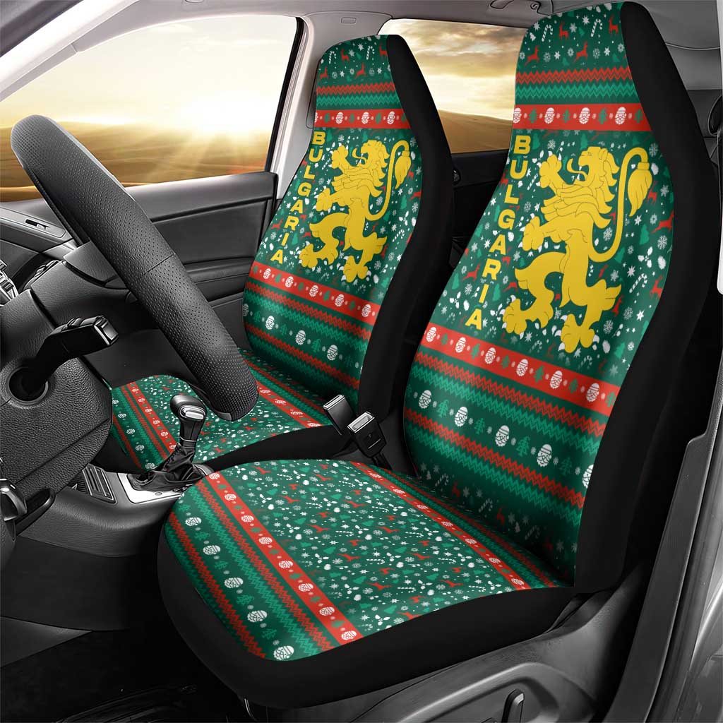 Bulgaria Christmas Car Seat Cover with Green-Red Theme, Golden Lion, and Santa Sleigh Motif - Wonder Print Shop