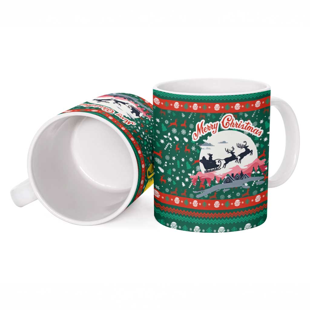 Bulgaria Christmas Ceramic Mug with Green-Red Theme, Golden Lion, and Santa Sleigh Motif - Wonder Print Shop