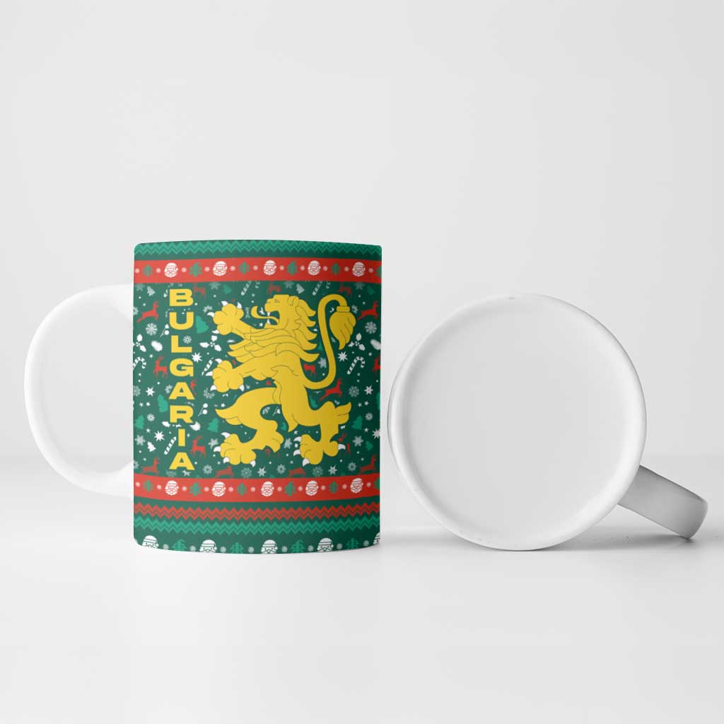 Bulgaria Christmas Ceramic Mug with Green-Red Theme, Golden Lion, and Santa Sleigh Motif - Wonder Print Shop