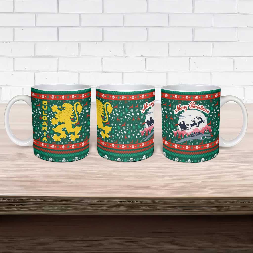 Bulgaria Christmas Ceramic Mug with Green-Red Theme, Golden Lion, and Santa Sleigh Motif - Wonder Print Shop