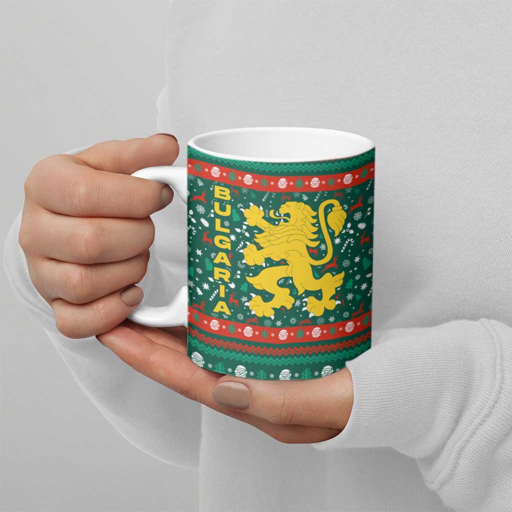 Bulgaria Christmas Ceramic Mug with Green-Red Theme, Golden Lion, and Santa Sleigh Motif - Wonder Print Shop