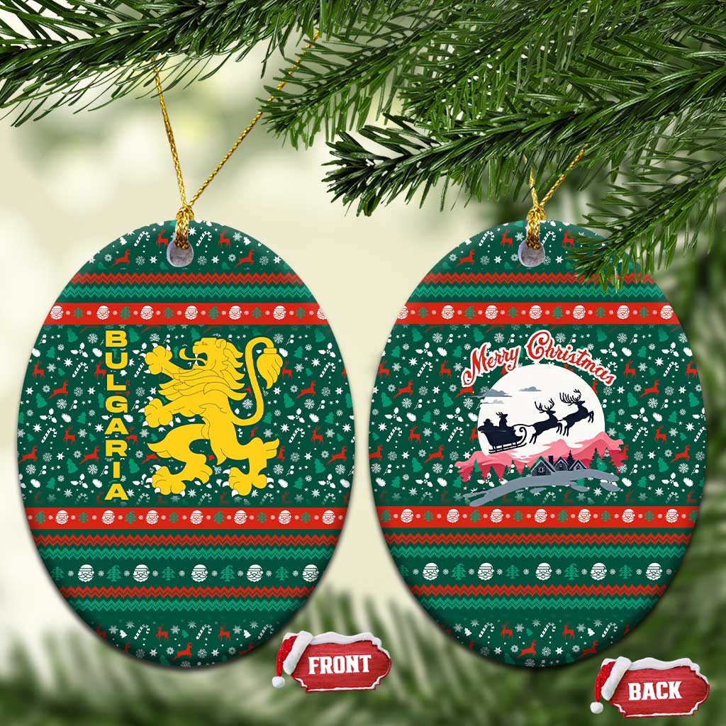 Bulgaria Christmas Ceramic Ornament with Green-Red Theme, Golden Lion, and Santa Sleigh Motif - Wonder Print Shop