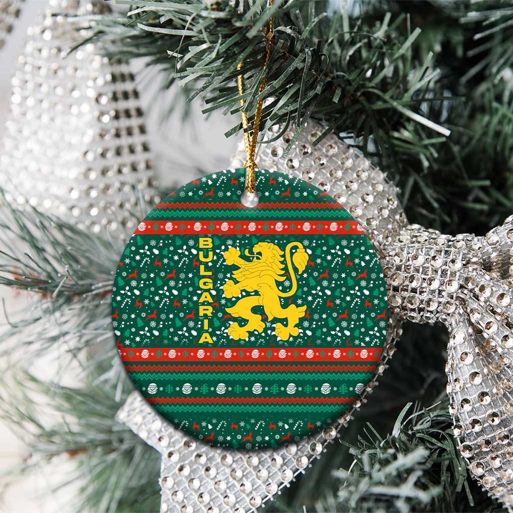 Bulgaria Christmas Ceramic Ornament with Green-Red Theme, Golden Lion, and Santa Sleigh Motif - Wonder Print Shop