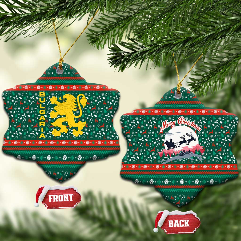 Bulgaria Christmas Ceramic Ornament with Green-Red Theme, Golden Lion, and Santa Sleigh Motif - Wonder Print Shop