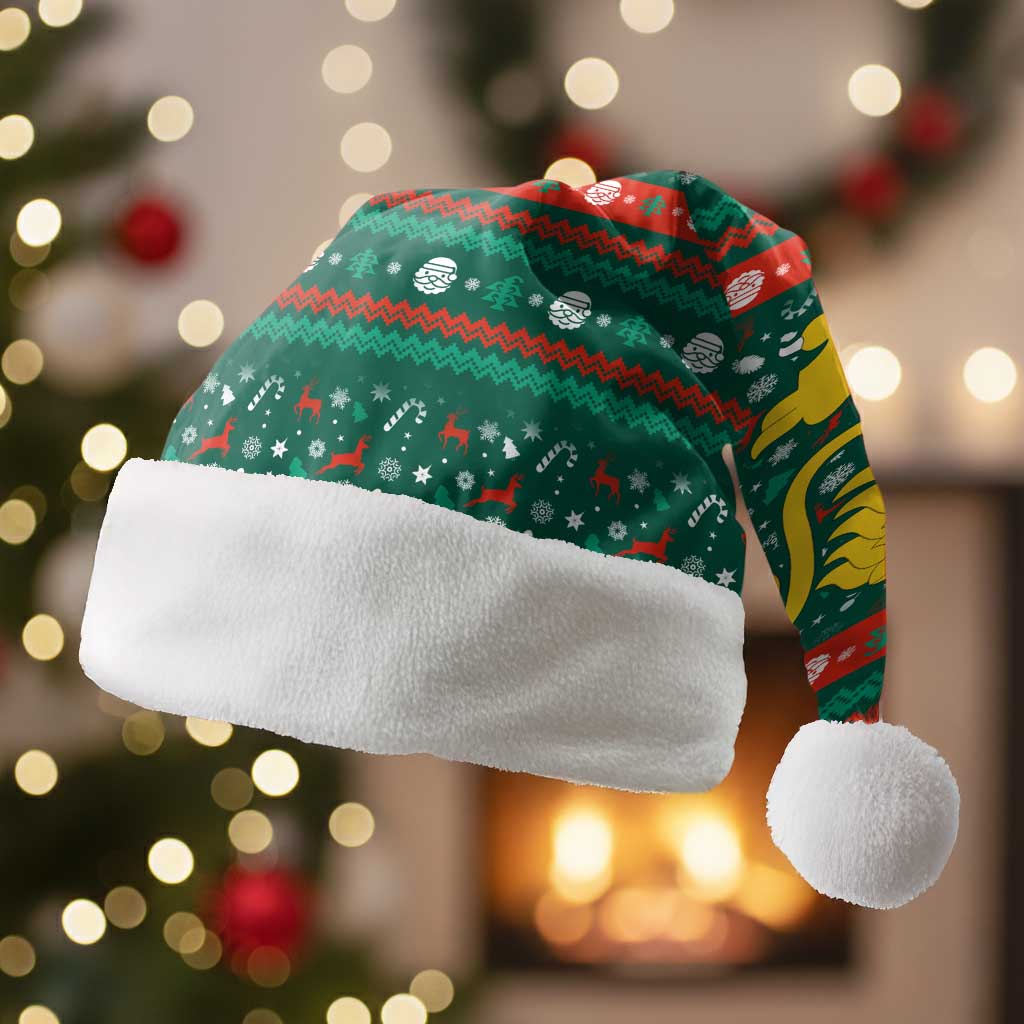 Bulgaria Christmas Santa Hat with Green-Red Theme, Golden Lion, and Santa Sleigh Motif - Wonder Print Shop