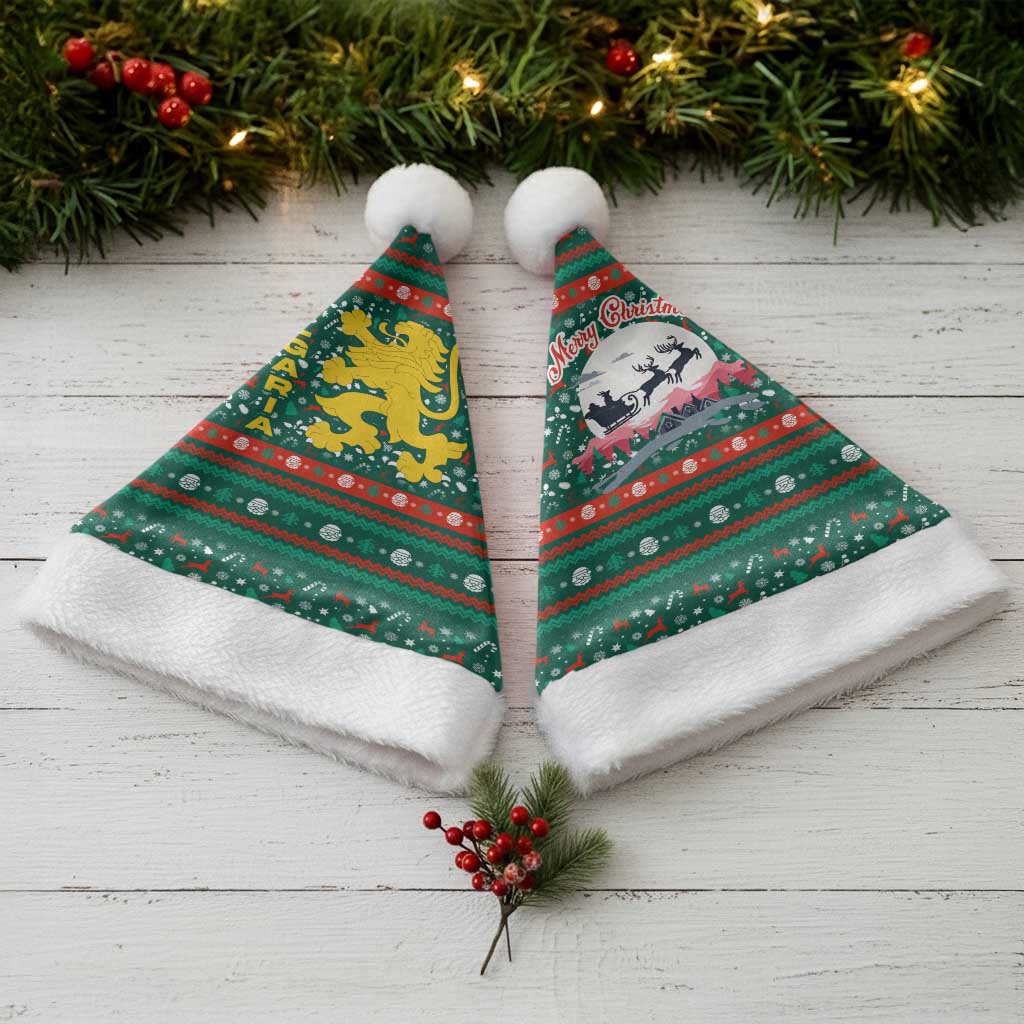 Bulgaria Christmas Santa Hat with Green-Red Theme, Golden Lion, and Santa Sleigh Motif - Wonder Print Shop