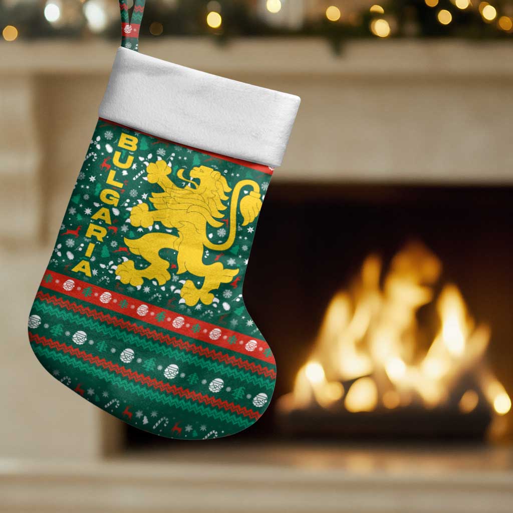 Bulgaria Christmas Stocking with Green-Red Theme, Golden Lion, and Santa Sleigh Motif - Wonder Print Shop