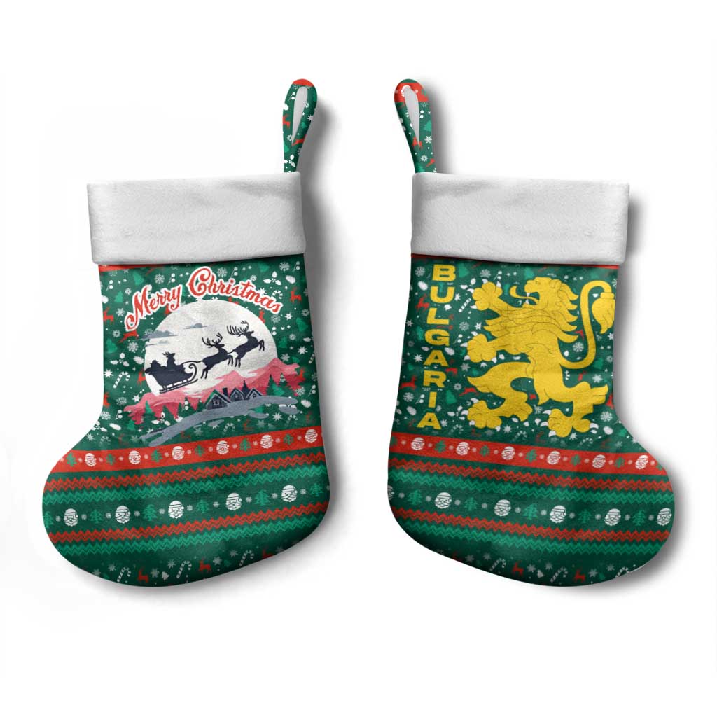 Bulgaria Christmas Stocking with Green-Red Theme, Golden Lion, and Santa Sleigh Motif - Wonder Print Shop