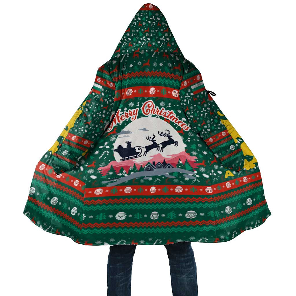 Bulgaria Christmas Cloak with Green-Red Theme, Golden Lion, and Santa Sleigh Motif - Wonder Print Shop