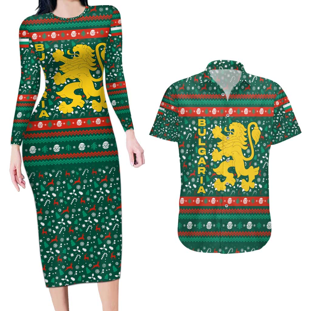 Bulgaria Christmas Couples Matching Long Sleeve Bodycon Dress and Hawaiian Shirt with Green-Red Theme, Golden Lion, and Santa Sleigh Motif - Wonder Print Shop