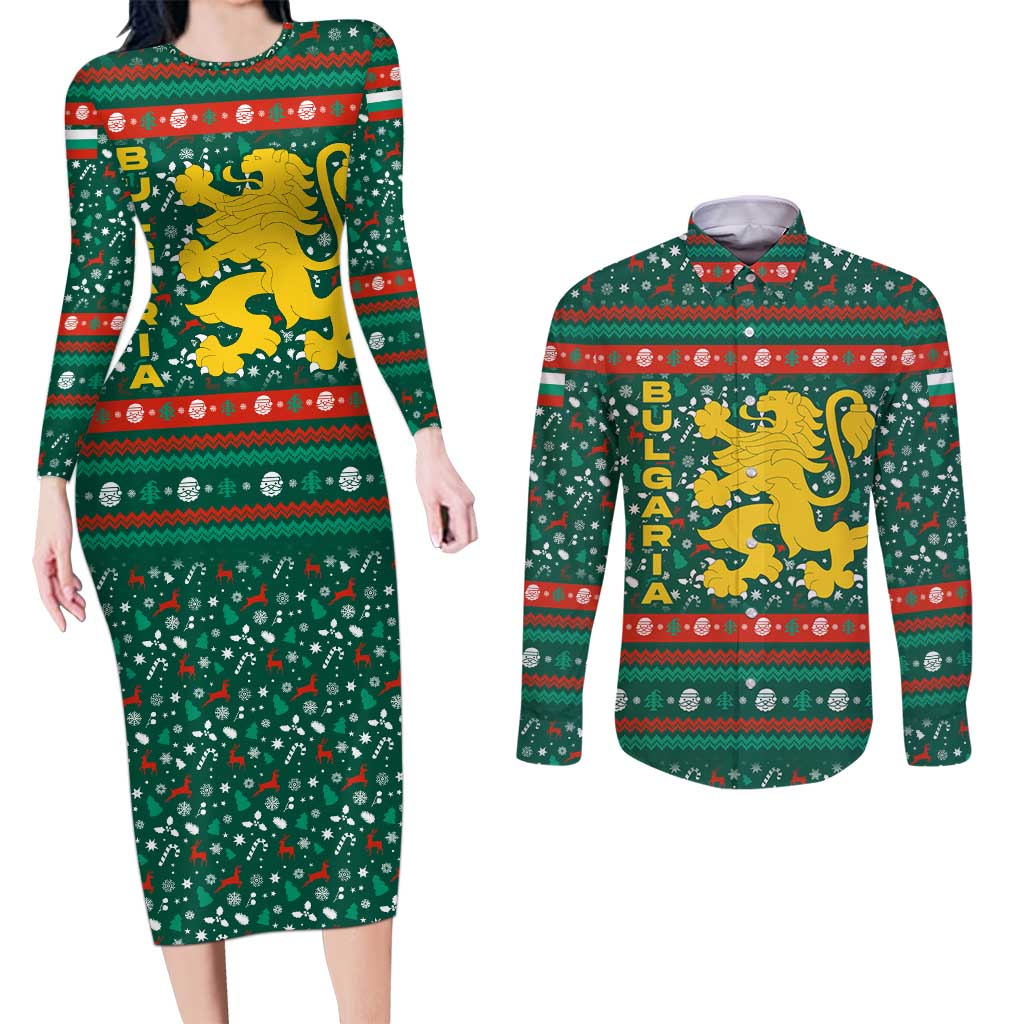 Bulgaria Christmas Couples Matching Long Sleeve Bodycon Dress and Long Sleeve Button Shirt with Green-Red Theme, Golden Lion, and Santa Sleigh Motif - Wonder Print Shop