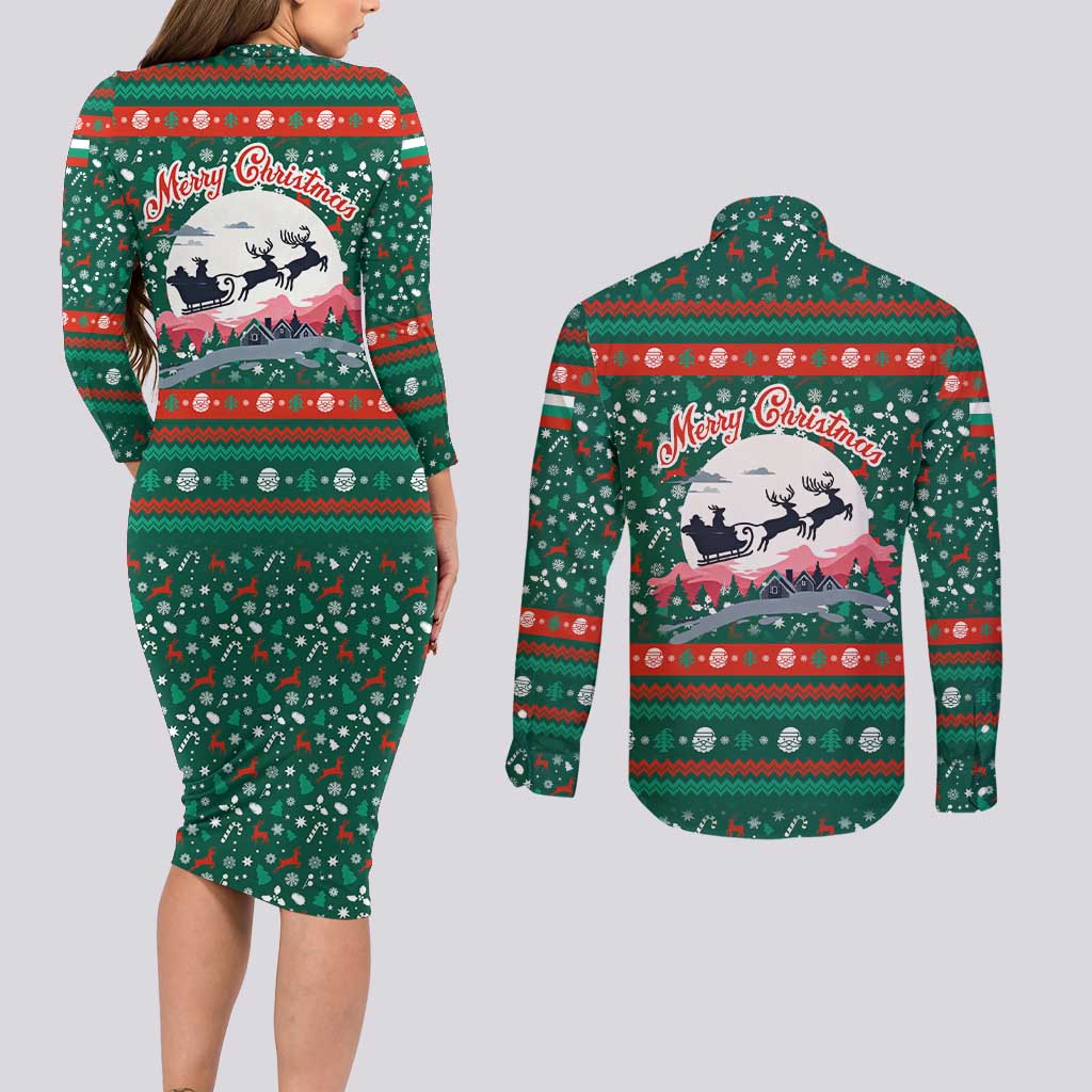Bulgaria Christmas Couples Matching Long Sleeve Bodycon Dress and Long Sleeve Button Shirt with Green-Red Theme, Golden Lion, and Santa Sleigh Motif - Wonder Print Shop