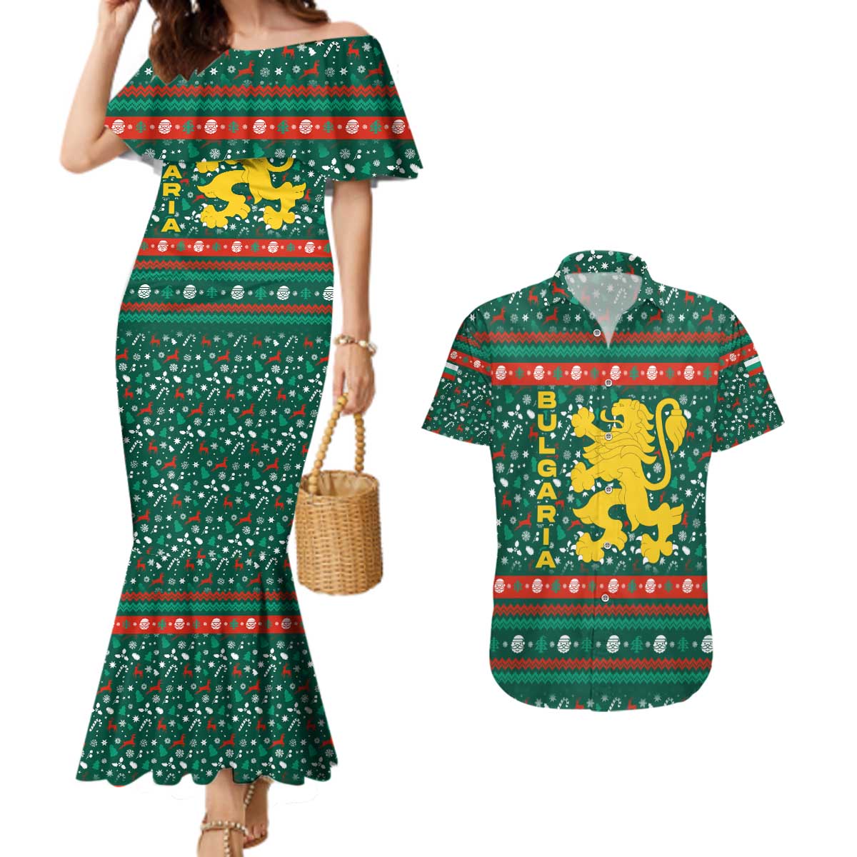 Bulgaria Christmas Couples Matching Mermaid Dress and Hawaiian Shirt with Green-Red Theme, Golden Lion, and Santa Sleigh Motif - Wonder Print Shop