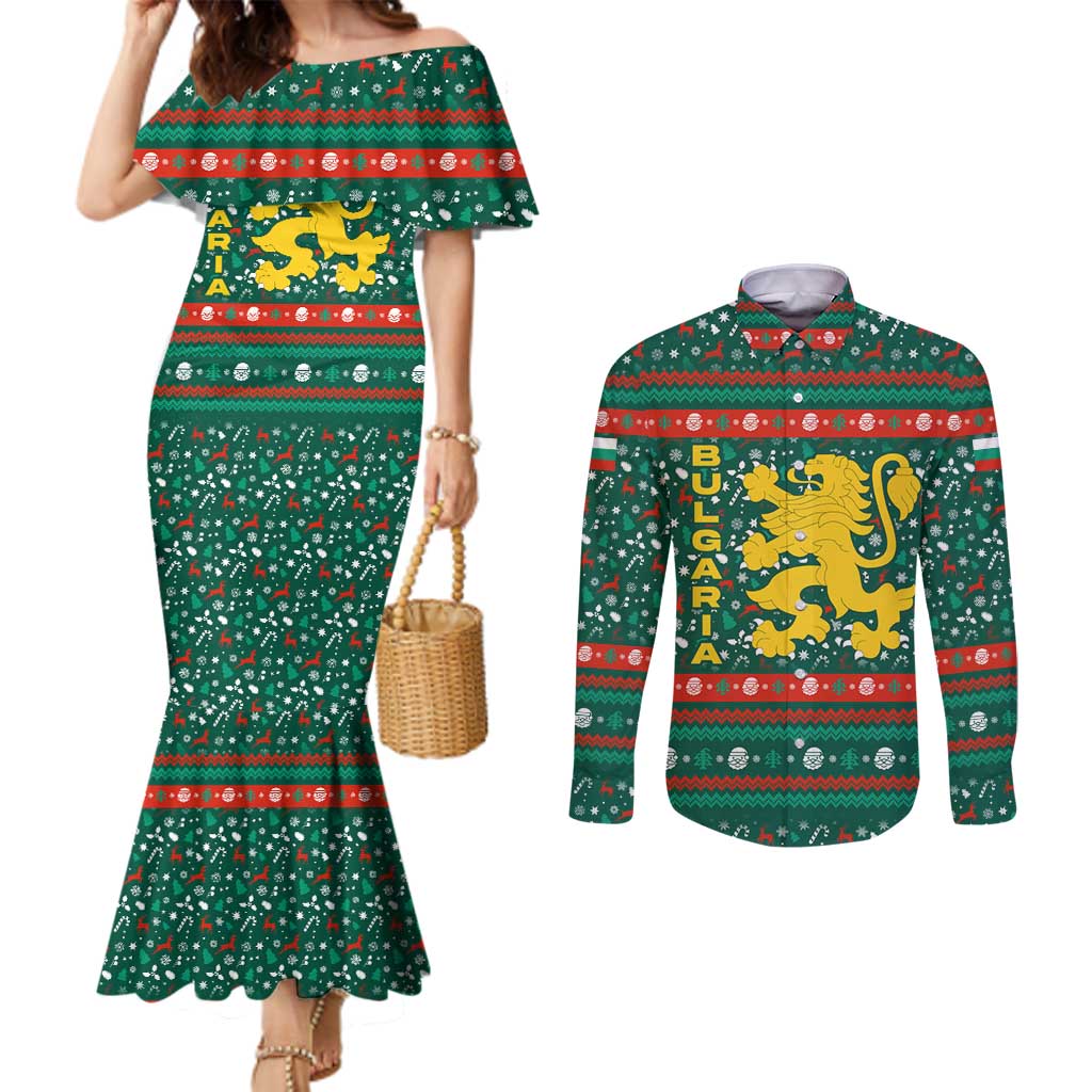 Bulgaria Christmas Couples Matching Mermaid Dress and Long Sleeve Button Shirt with Green-Red Theme, Golden Lion, and Santa Sleigh Motif - Wonder Print Shop