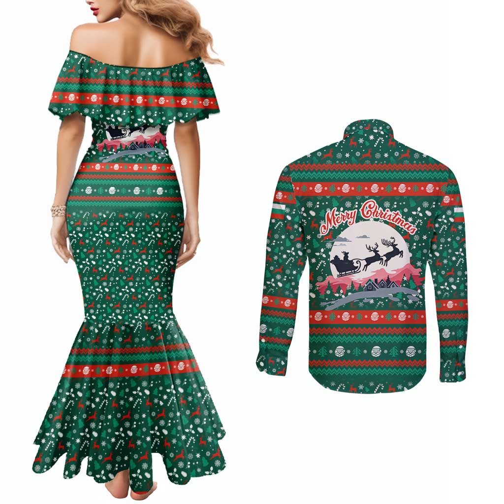 Bulgaria Christmas Couples Matching Mermaid Dress and Long Sleeve Button Shirt with Green-Red Theme, Golden Lion, and Santa Sleigh Motif - Wonder Print Shop