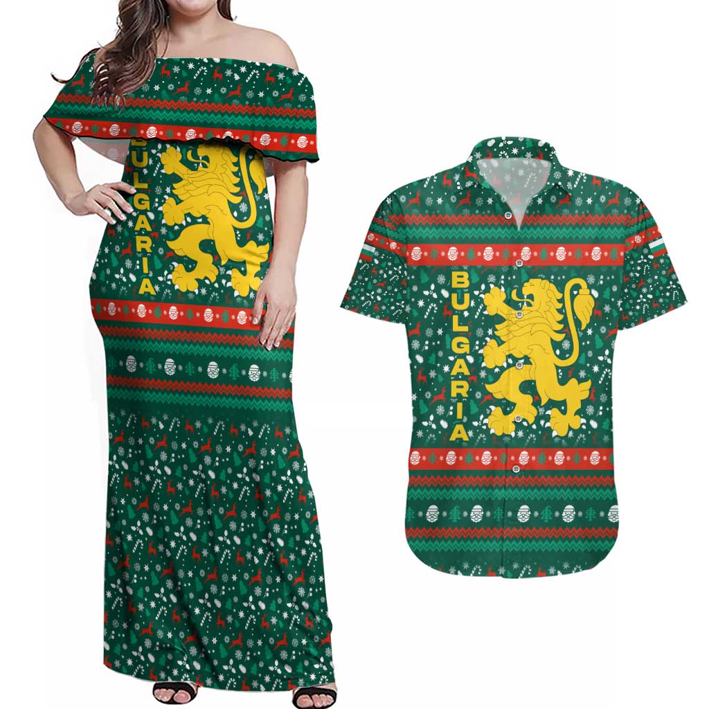 Bulgaria Christmas Couples Matching Off Shoulder Maxi Dress and Hawaiian Shirt with Green-Red Theme, Golden Lion, and Santa Sleigh Motif - Wonder Print Shop