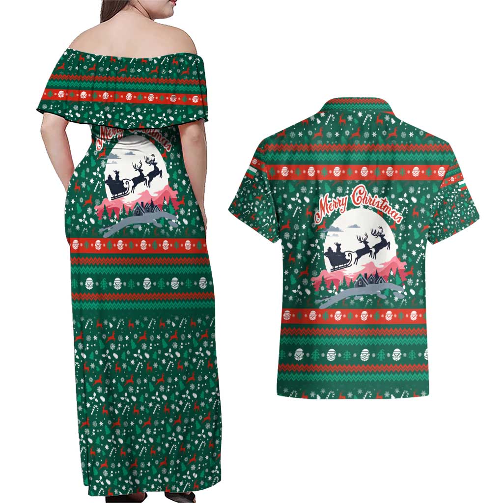 Bulgaria Christmas Couples Matching Off Shoulder Maxi Dress and Hawaiian Shirt with Green-Red Theme, Golden Lion, and Santa Sleigh Motif - Wonder Print Shop