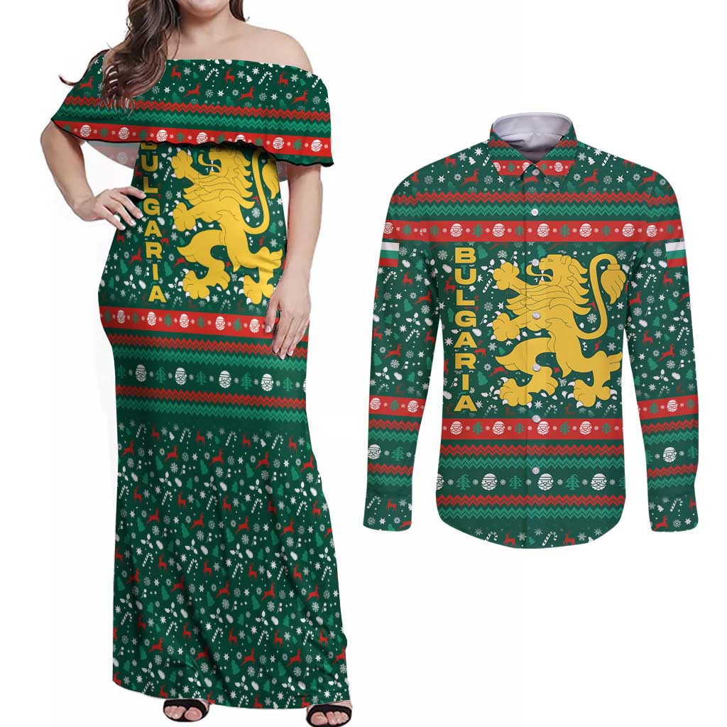 Bulgaria Christmas Couples Matching Off Shoulder Maxi Dress and Long Sleeve Button Shirt with Green-Red Theme, Golden Lion, and Santa Sleigh Motif - Wonder Print Shop