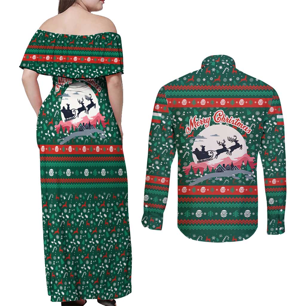 Bulgaria Christmas Couples Matching Off Shoulder Maxi Dress and Long Sleeve Button Shirt with Green-Red Theme, Golden Lion, and Santa Sleigh Motif - Wonder Print Shop