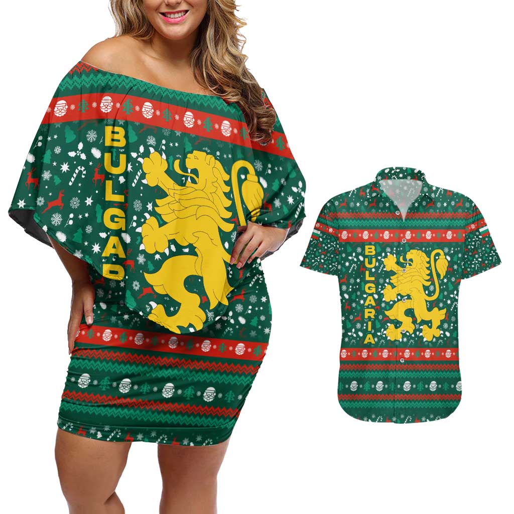 Bulgaria Christmas Couples Matching Off Shoulder Short Dress and Hawaiian Shirt with Green-Red Theme, Golden Lion, and Santa Sleigh Motif - Wonder Print Shop