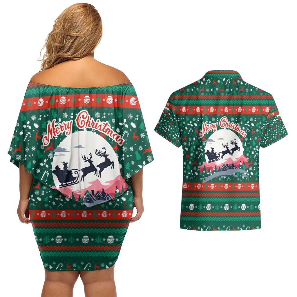 Bulgaria Christmas Couples Matching Off Shoulder Short Dress and Hawaiian Shirt with Green-Red Theme, Golden Lion, and Santa Sleigh Motif - Wonder Print Shop