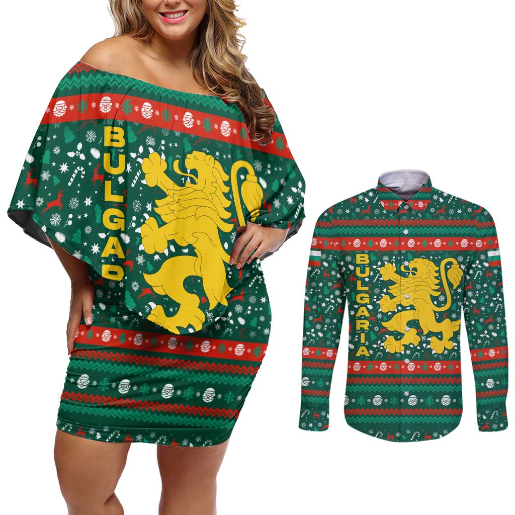 Bulgaria Christmas Couples Matching Off Shoulder Short Dress and Long Sleeve Button Shirt with Green-Red Theme, Golden Lion, and Santa Sleigh Motif - Wonder Print Shop