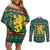 Bulgaria Christmas Couples Matching Off Shoulder Short Dress and Long Sleeve Button Shirt with Green-Red Theme, Golden Lion, and Santa Sleigh Motif - Wonder Print Shop