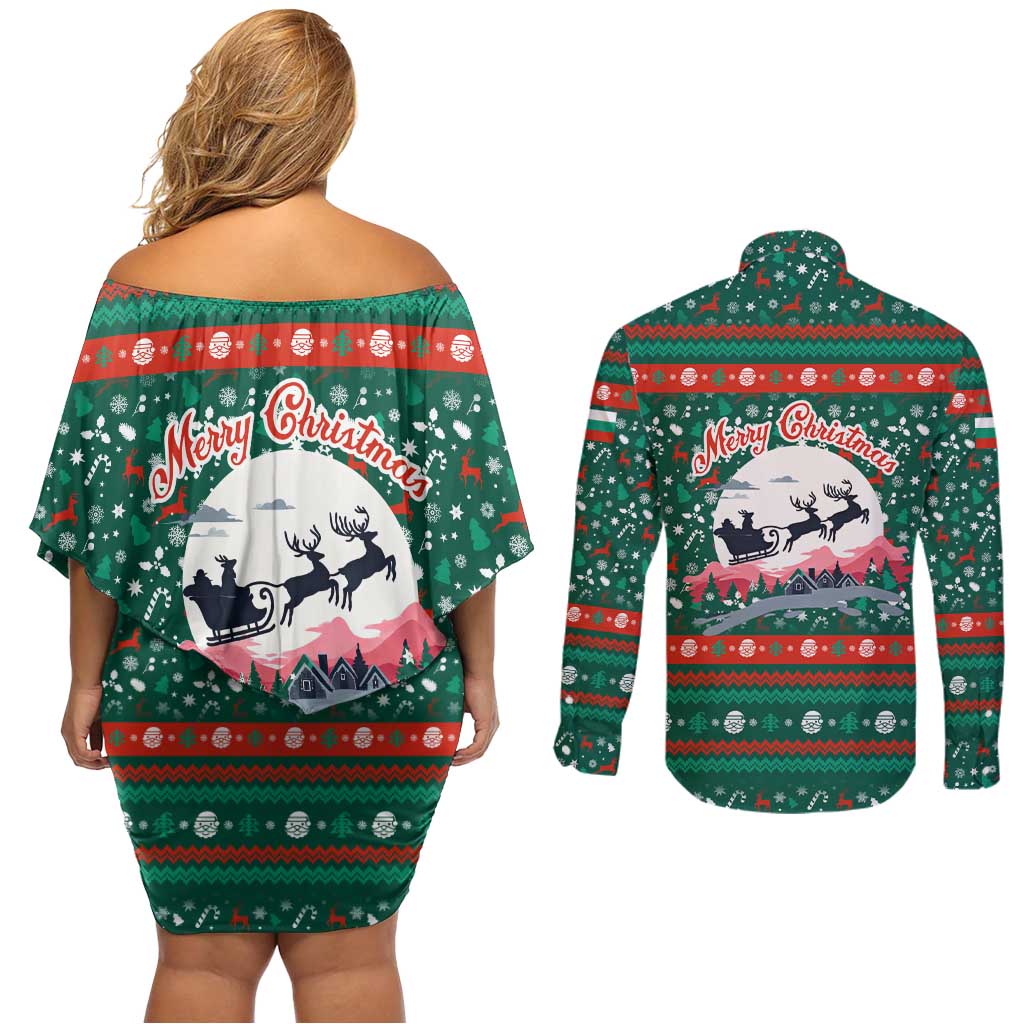 Bulgaria Christmas Couples Matching Off Shoulder Short Dress and Long Sleeve Button Shirt with Green-Red Theme, Golden Lion, and Santa Sleigh Motif - Wonder Print Shop