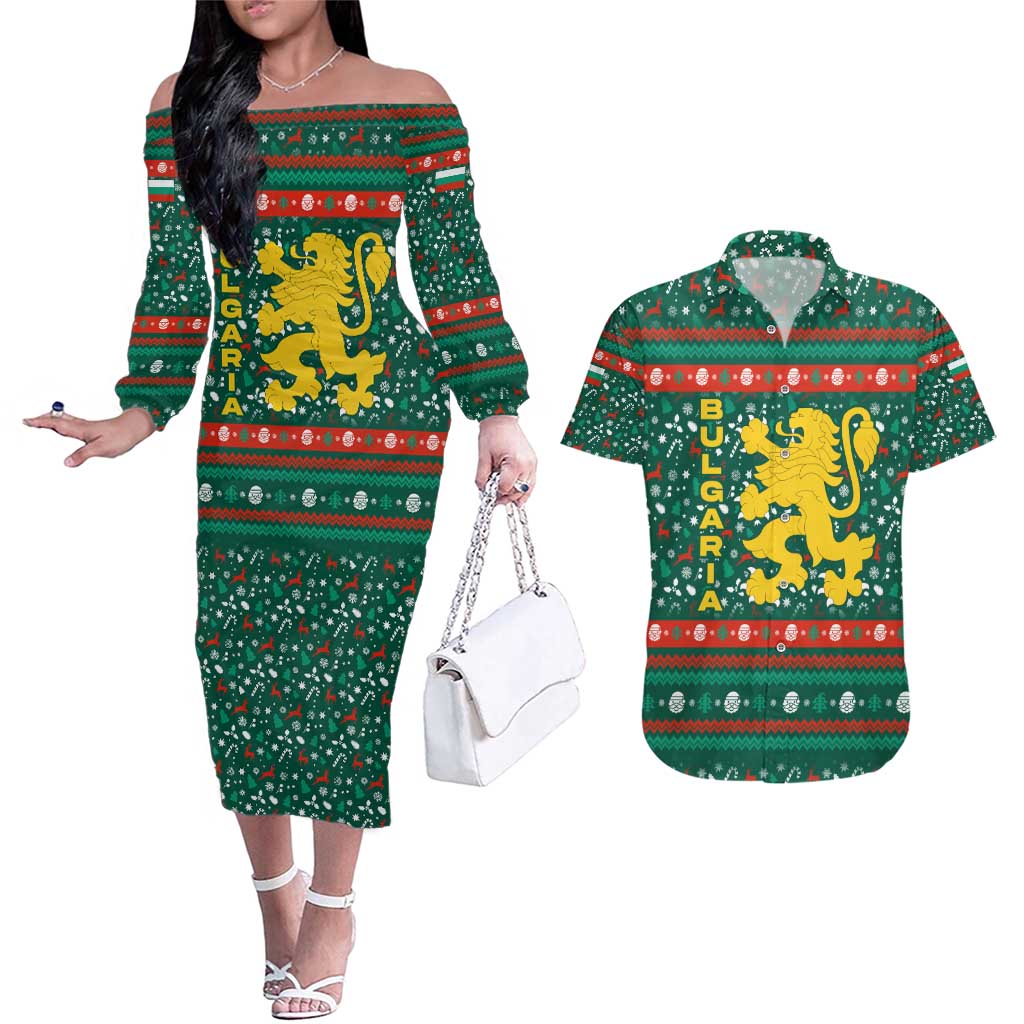 Bulgaria Christmas Couples Matching Off The Shoulder Long Sleeve Dress and Hawaiian Shirt with Green-Red Theme, Golden Lion, and Santa Sleigh Motif - Wonder Print Shop