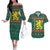 Bulgaria Christmas Couples Matching Off The Shoulder Long Sleeve Dress and Hawaiian Shirt with Green-Red Theme, Golden Lion, and Santa Sleigh Motif - Wonder Print Shop