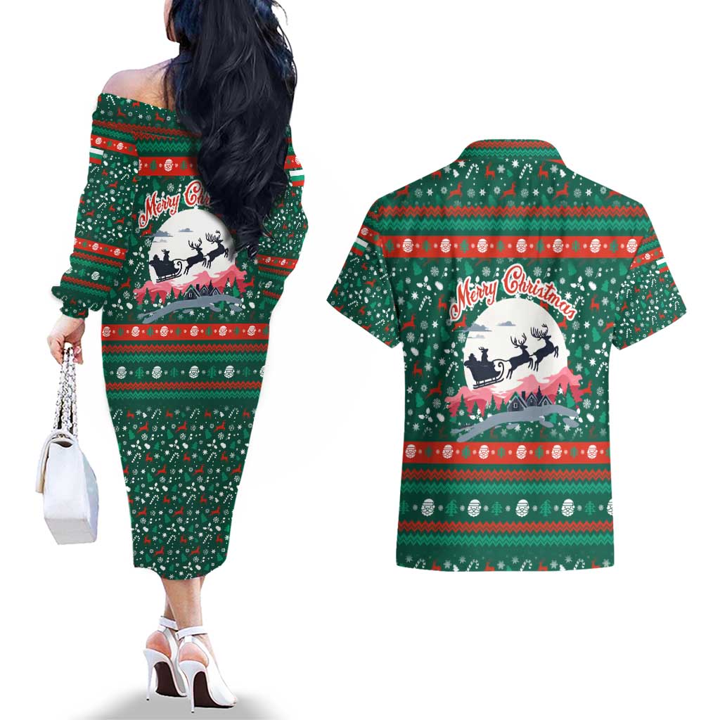 Bulgaria Christmas Couples Matching Off The Shoulder Long Sleeve Dress and Hawaiian Shirt with Green-Red Theme, Golden Lion, and Santa Sleigh Motif - Wonder Print Shop