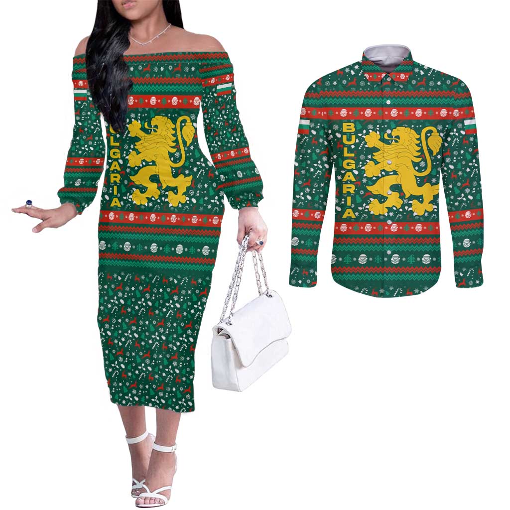 Bulgaria Christmas Couples Matching Off The Shoulder Long Sleeve Dress and Long Sleeve Button Shirt with Green-Red Theme, Golden Lion, and Santa Sleigh Motif - Wonder Print Shop