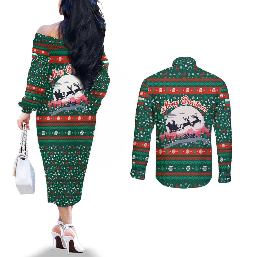 Bulgaria Christmas Couples Matching Off The Shoulder Long Sleeve Dress and Long Sleeve Button Shirt with Green-Red Theme, Golden Lion, and Santa Sleigh Motif - Wonder Print Shop
