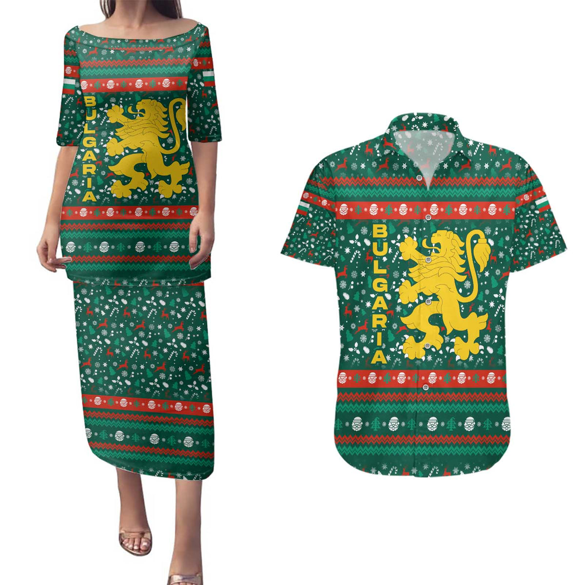 Bulgaria Christmas Couples Matching Puletasi and Hawaiian Shirt with Green-Red Theme, Golden Lion, and Santa Sleigh Motif - Wonder Print Shop
