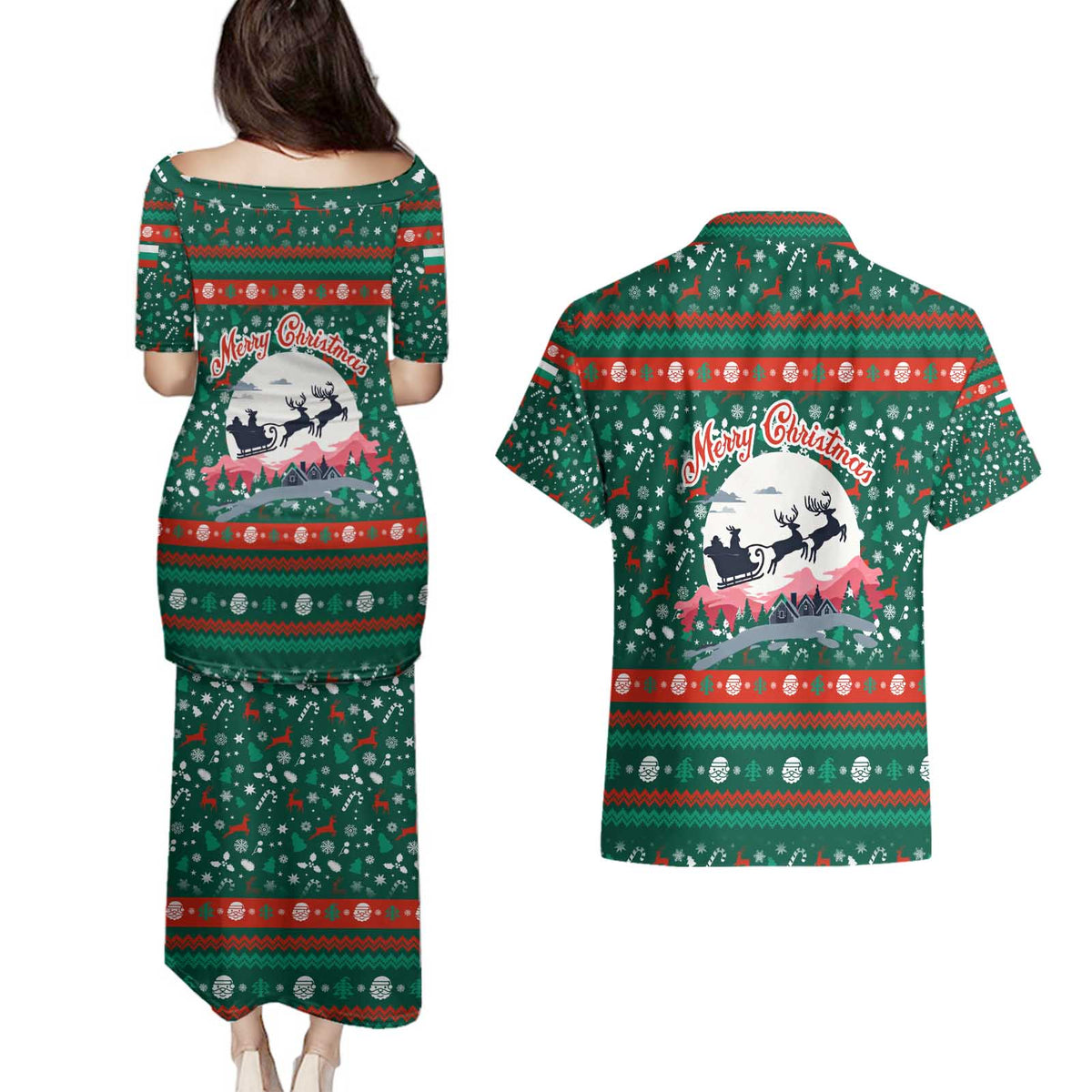Bulgaria Christmas Couples Matching Puletasi and Hawaiian Shirt with Green-Red Theme, Golden Lion, and Santa Sleigh Motif - Wonder Print Shop