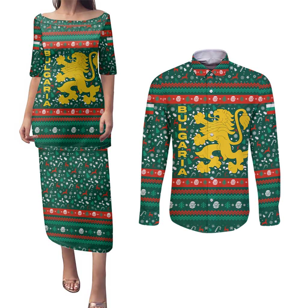 Bulgaria Christmas Couples Matching Puletasi and Long Sleeve Button Shirt with Green-Red Theme, Golden Lion, and Santa Sleigh Motif - Wonder Print Shop