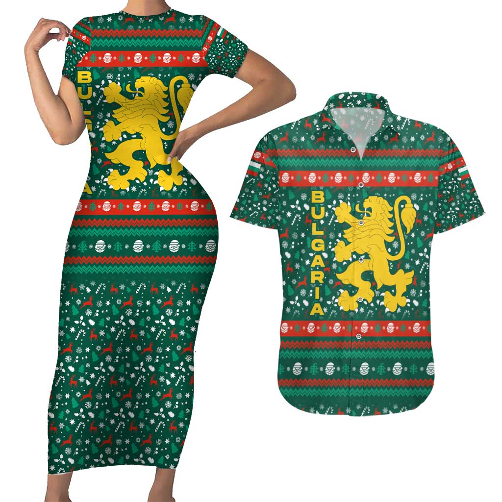 Bulgaria Christmas Couples Matching Short Sleeve Bodycon Dress and Hawaiian Shirt with Green-Red Theme, Golden Lion, and Santa Sleigh Motif - Wonder Print Shop