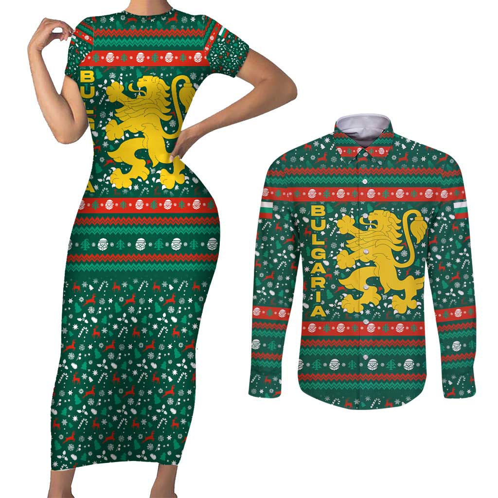 Bulgaria Christmas Couples Matching Short Sleeve Bodycon Dress and Long Sleeve Button Shirt with Green-Red Theme, Golden Lion, and Santa Sleigh Motif - Wonder Print Shop